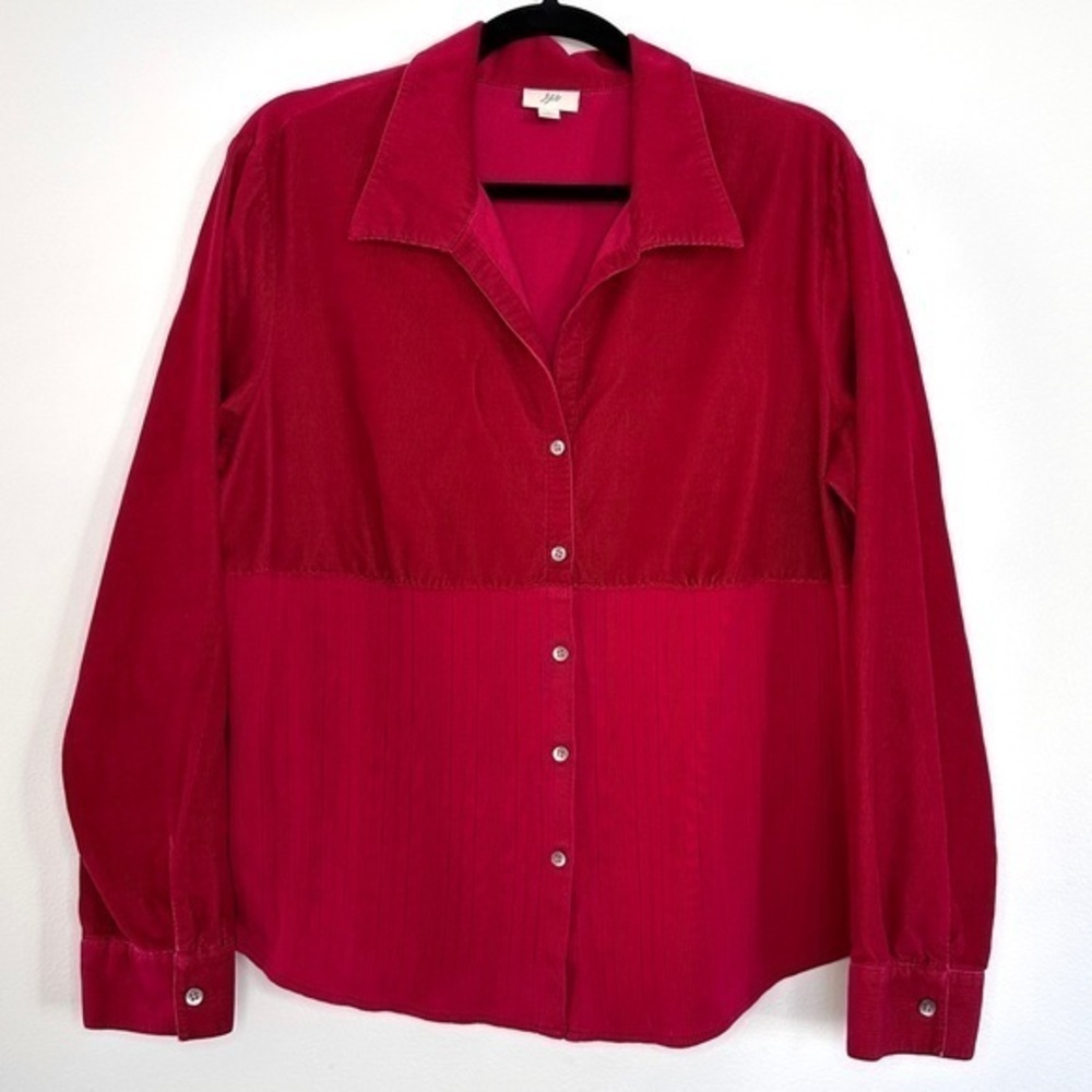 J. Jill Mixed Media Corduroy Knit Sweater Red Button Up Shirt Cottage Romantic L
